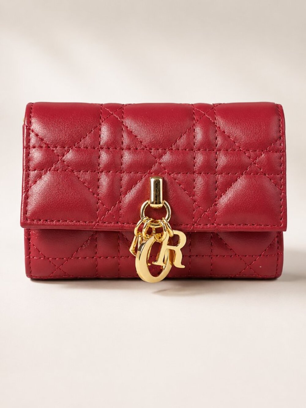 Christian Dior Lady Dior Cannage Quilted Red Leather Wallet w/ Gold Charms - New - Picture 3 of 6